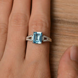 2ct Emerald Cut Blue Aquamarine Split Shank Engagement Ring 14k WhiteGold Finish