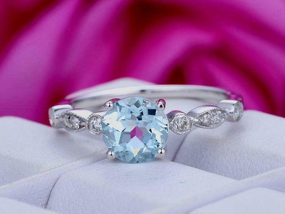 1ct Round Cut Aquamarine Engagement Ring Solitaire Vintage 14k White Gold Finish