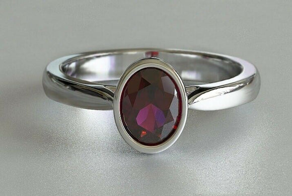 1ct Oval Cut Pink Ruby Engagement Ring Bezel Set Solitaire 14k White Gold Finish