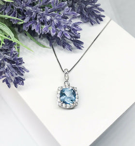 1.5Ct Cushion Cut Blue Aquamarine Halo Pendant 18K White Gold Finish NO CHAIN