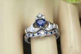 2ct Heart Blue Sapphire Engagement Ring Claddagh Bridal Set 14k White Gold Over