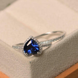 2ct Engagement Ring Heart Cut Blue Sapphire Halo Bridal Set 14k White Gold Over