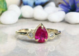 1.3ct Engagement Ring Pear Cut Pink Ruby Three Stone 14k Yellow Gold Finish