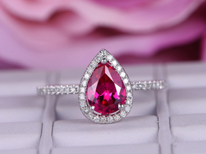 1.5ct Pear Cut Pink Ruby Engagement Ring Diamond Accent Halo 14k White Gold Over