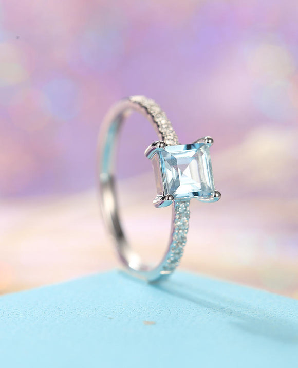 1ct Princess Cut Blue Aquamarine Solitaire Engagement Ring 14k White Gold Finish