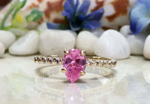 1.7ct Pear Cut Pink Sapphire Round Diamond Accent Ring 14k Yellow Gold Finish