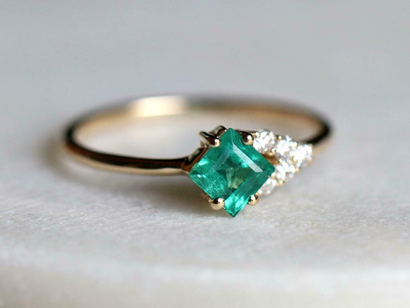 1ct Princess Green Emerald Diamond Petite Minimalist Ring 14k Yellow Gold Finish