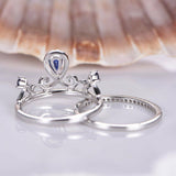 1ct Pear Cut Blue Sapphire Crown Bridal Set Engagement Ring 14k WhiteGold Finish