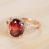 2.4ct Oval Cut Red Garnet Engagement Ring Halo Split Shank 14k Rose Gold Finish