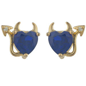 1.5ct Stud Earrings Heart Cut Blue Sapphire Devil Design 14k Yellow Gold Finish