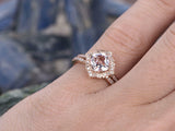 3Ct Cushion Cut Peach Morganite Bridal Set Engagement Ring 14K Rose Gold Finish