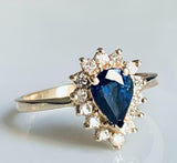 2ct Pear Cut Blue Sapphire Diamond Floral Solitaire Ring 14k Yellow Gold Finish