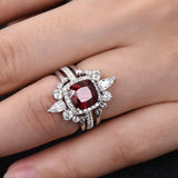 2ct Cushion Cut Red Garnet Crown Trio Set Engagement Ring 14k White Gold Finish