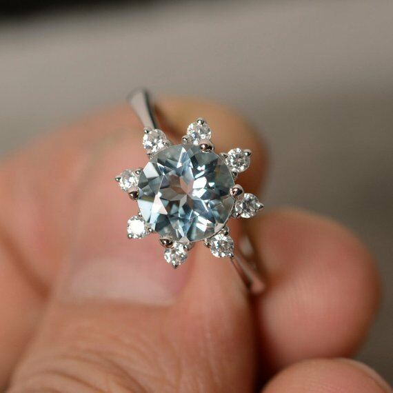 1.5ct Round Cut Blue Aquamarine Floral Engagement Ring 14k White Gold Finish