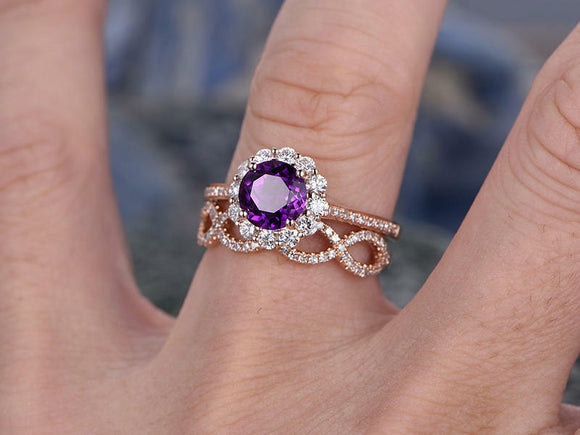 3Ct Round Purple Amethyst Bridal Set Floral Ring Infinity Band 14K RoseGold Over