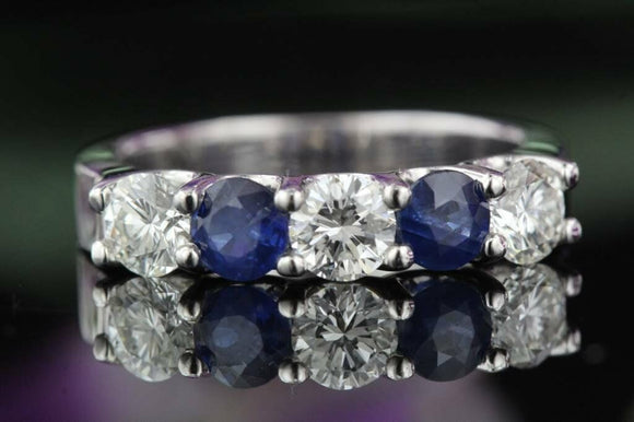 1.8ct Round Cut Blue Sapphire Five Stone Wedding Band Ring 14k White Gold Finish