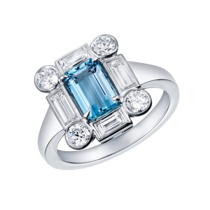 3Ct Emerald Cut Blue Aquamarine Unique Halo Engagement Ring 18K White Gold Over