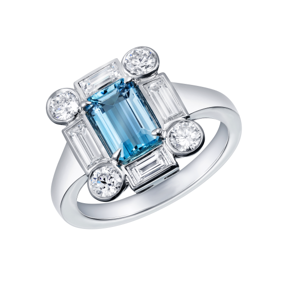 3Ct Emerald Cut Blue Aquamarine Unique Halo Engagement Ring 18K White Gold Over