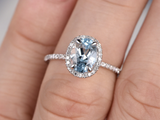 2.4ct Oval Cut Blue Aquamarine Halo Ring 14k White Gold Finish with Round Accent