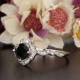 1.2ct Round Cut Black Diamond Engagement Ring 14k White Gold Finish Halo Vintage