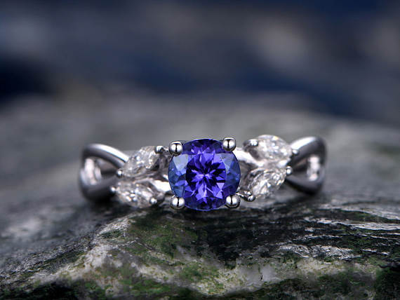 1.5ct Round Cut Blue Tanzanite Leaf Vine Split Shank 14k White Gold Finish