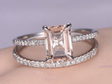 2ct Emerald Cut Peach Morganite Bridal Set Engagement Ring 14k White Gold Finish