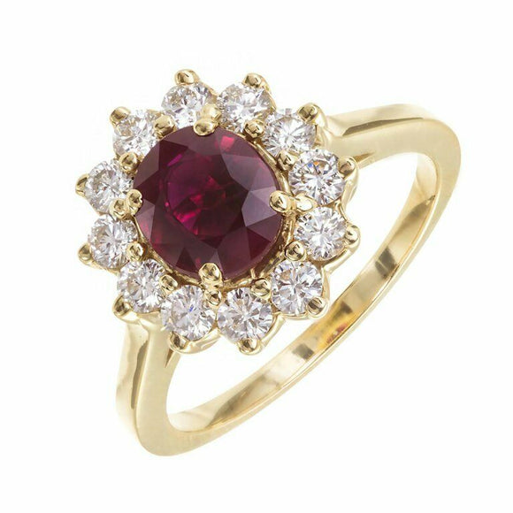 1.51ct Oval Cut Pink Ruby Engagement Ring Diamond Halo 14k Yellow Gold Finish