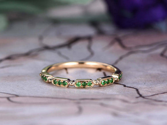 0.7ct Round Cut Green Emerald Stackable Half Eternity Band 14k Yellow Gold Over