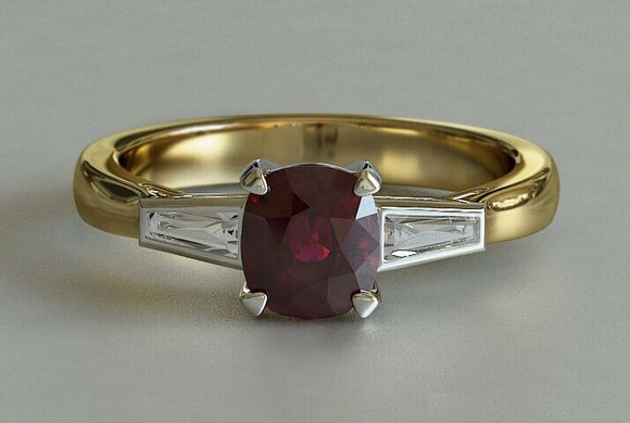 2ct Cushion Cut Pink Ruby Trilogy Ring Baguette Accents 14k Yellow Gold Over