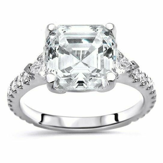 2Ct Asscher Cut Diamond Solitaire Ring 14K White Gold Over Trillion Round Accent