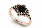 Flower Milgrain Halo Engagement Ring 2.2ct Round Black Diamond 14k RoseGold Over