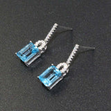 2ct Drop Earrings Emerald Cut Blue Topaz Vertical Bar 14k White Gold Finish