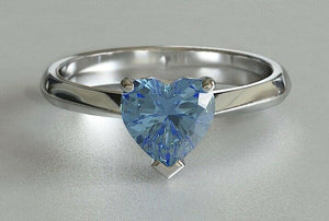 1ct Heart Cut Blue Aquamarine Engagement Ring Solitaire 14k White Gold Finish