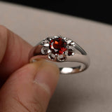 1ct Round Cut Red Garnet Floral Solitaire Engagement Ring 14k White Gold Finish