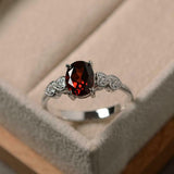 2ct Oval Cut Red Garnet Heart Shape Diamond Accents Ring 14k White Gold Finish