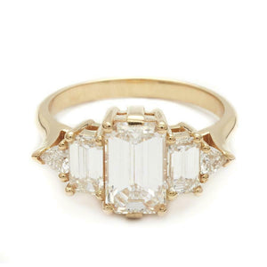 2ct Emerald Cut Diamond 5 Stone Solitaire with Accent Ring 14k YellowGold Finish