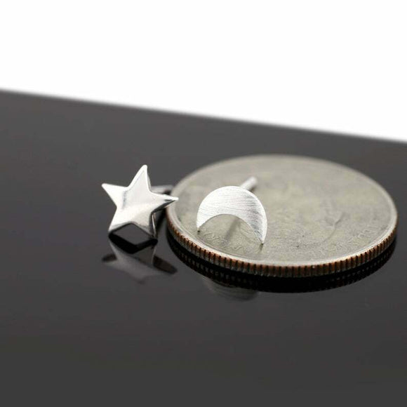 Moon Star Stud Earrings 14k White Gold Finish