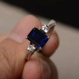 1.2ct Emerald Cut Blue Sapphire Engagement Ring 14k White Gold Finish Trilogy