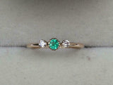 0.65ct Round Cut Green Emerald Minimalist Trilogy Ring 14k Yellow Gold Finish