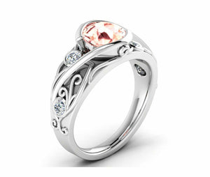 2ct Round Cut Morganite Leaf Vine Solitaire Round Accent Ring 14k WhiteGold Over