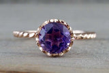 1ct Round Cut Purple Amethyst Solitaire Floral Rope Band Ring 14k Rose Gold Over