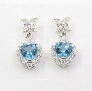 2.7ct Drop Earrings Heart Cut Blue Topaz Floral Halo 14k White Gold Finish