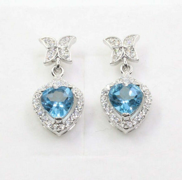 2.7ct Drop Earrings Heart Cut Blue Topaz Floral Halo 14k White Gold Finish