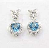 2.7ct Drop Earrings Heart Cut Blue Topaz Floral Halo 14k White Gold Finish