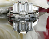 4ct Emerald Cut Diamond Bridal Set Trilogy Engagement Ring 14k White Gold Finish