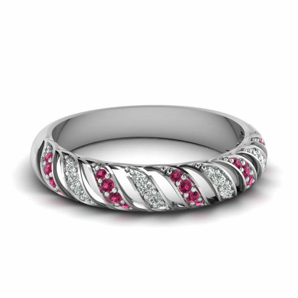 1.1ct Round Cut Pink Sapphire Half Eternity Wedding Band 14k White Gold Finish