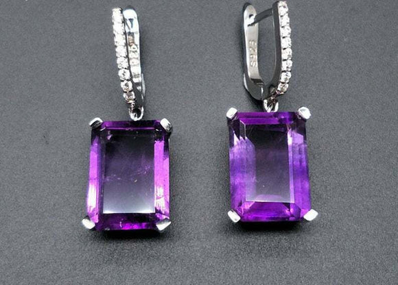 2.5ct Drop Earrings Emerald Cut Purple Amethyst Latch Back 14k White Gold Finish