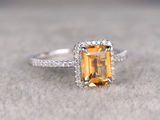 1.6ct Emerald Cut Yellow Citrine Halo Women Solitaire Ring 14k White Gold Finish