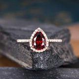 1.2ct Pear Cut Red Garnet Engagement Ring 14k Rose Gold Finish Halo Tear Drop