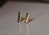 0.2ct Round Cut Pink Ruby Vertical Bar Stud Earrings 14k Yellow Gold Finish